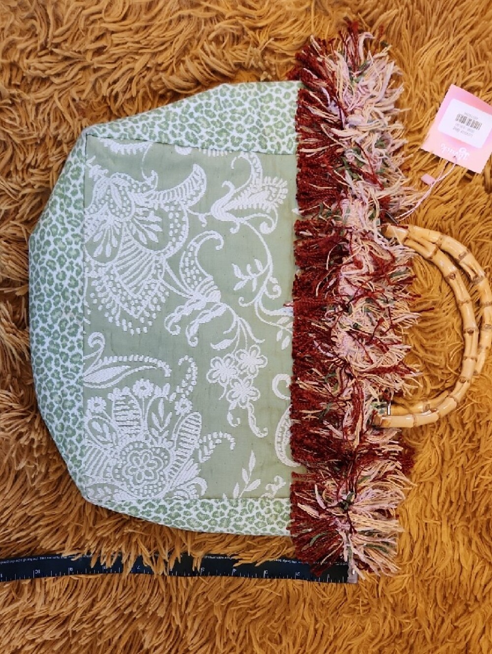 Vintage Handmade Pin Up Green Paisley Fringe Tote Bamboo Handles FINAL PRICE - Picture 2 of 7